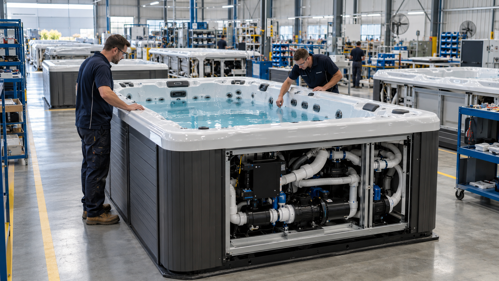 Technicians assembling and inspecting swim spas in a modern manufacturing facility