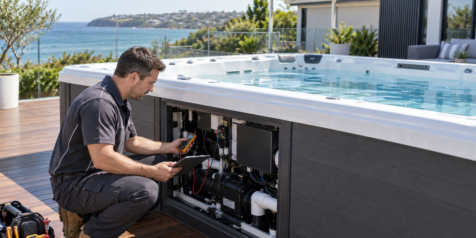 Australian-technician-inspecting-the-electrical-system-of-a-swim-spa