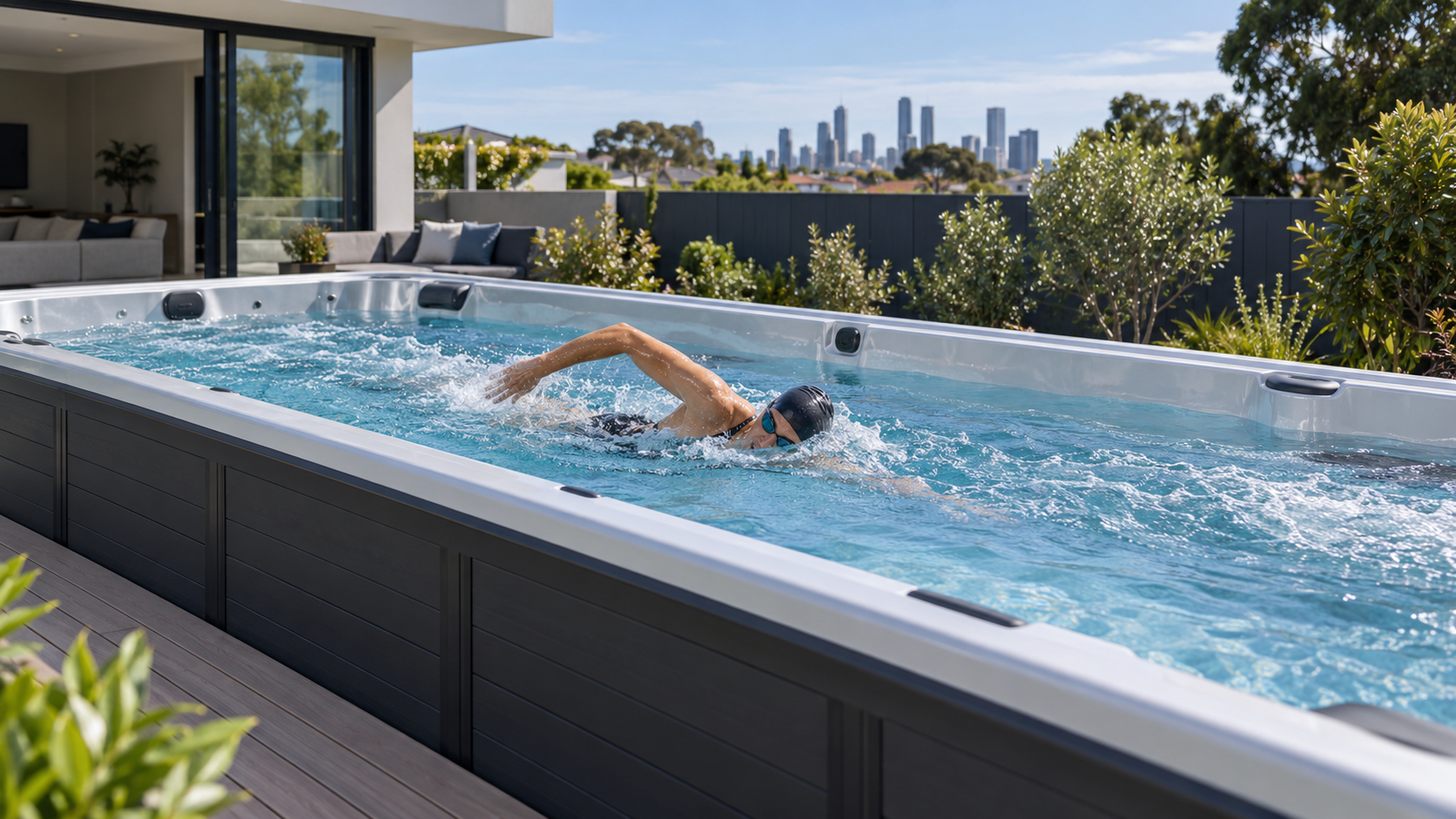Dual-zone-swim-spa-with-separate-swimming-and-hydrotherapy-sections